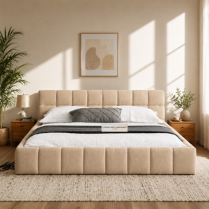Luxury Beige Upholstered Bed | Modern Fabric Bed Frame in Abu Dhabi
